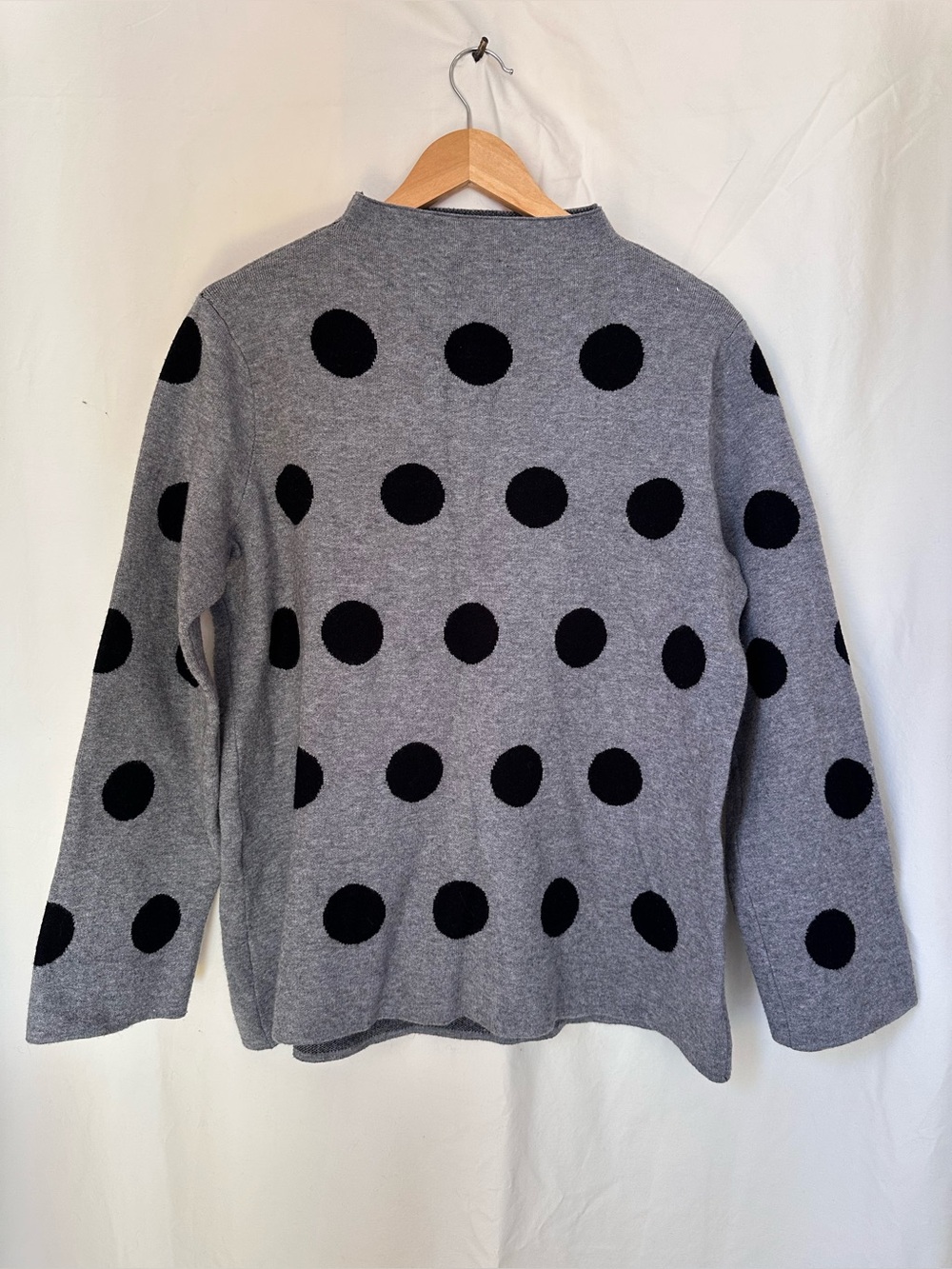 Women’s Gray Crewneck Sweater with Black Polka Dots